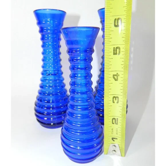 Cobalt Blue Ribbed Glass Vases Depression Glass Beehive Bud Vases Set Of 3 - Picture 3 of 13